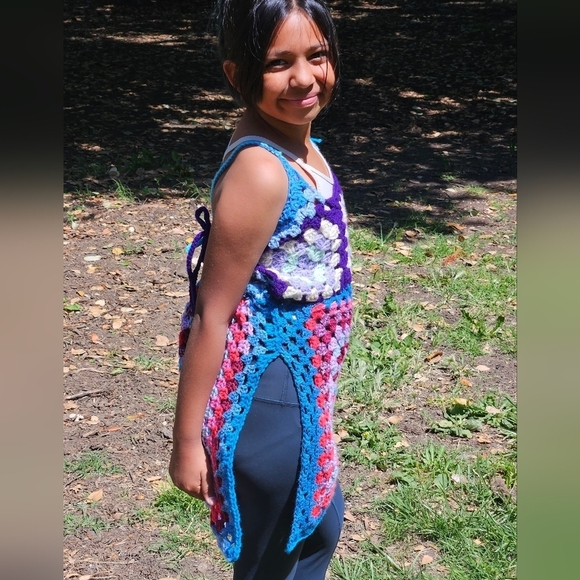 Hand Crafted crochet halter top split dress open back swim coverup multicolored - Picture 6 of 17